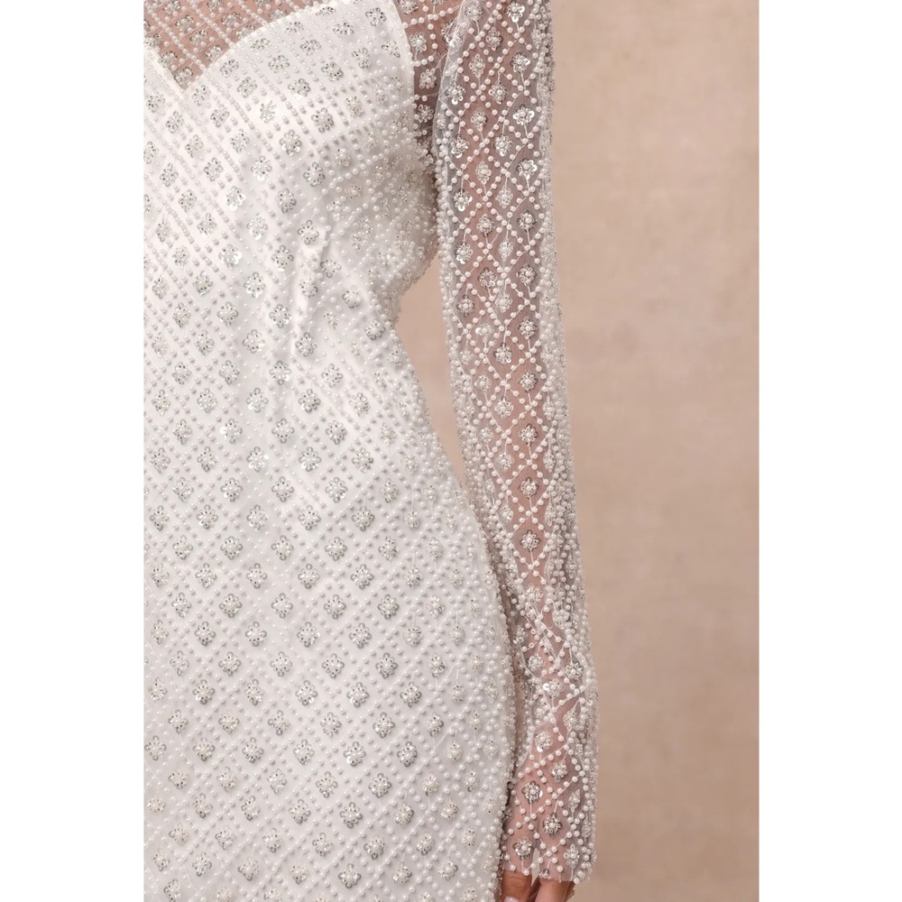 NWOT Lulu’s Glowing Charisma White Sequin Pearl Mesh Long Sleeve Mini Dress Chic - Picture 8 of 13